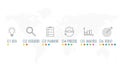 Business icon set with bulb, search, document, gear, graph and target. 6 steps, options or levels for business presentation.